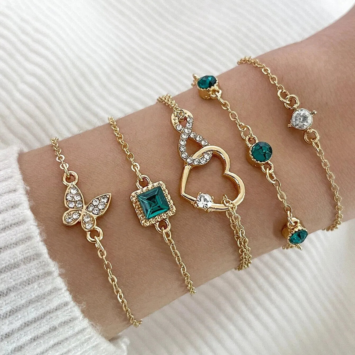 Elegant Stackable Rhinestone Gold Chain Bracelets (Set of 5)