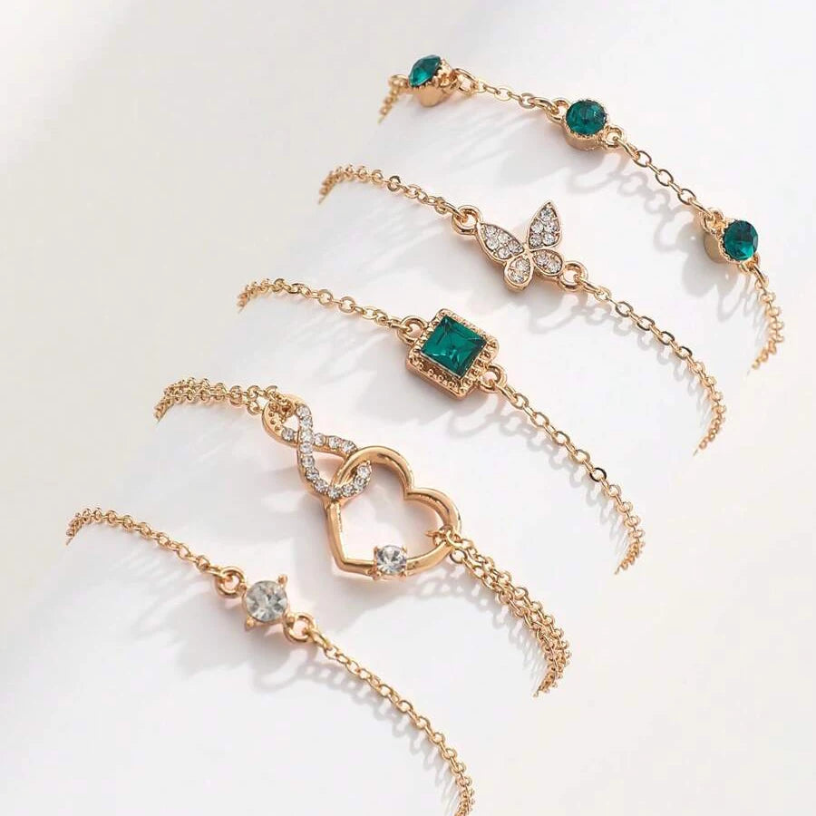 Elegant Stackable Rhinestone Gold Chain Bracelets (Set of 5)